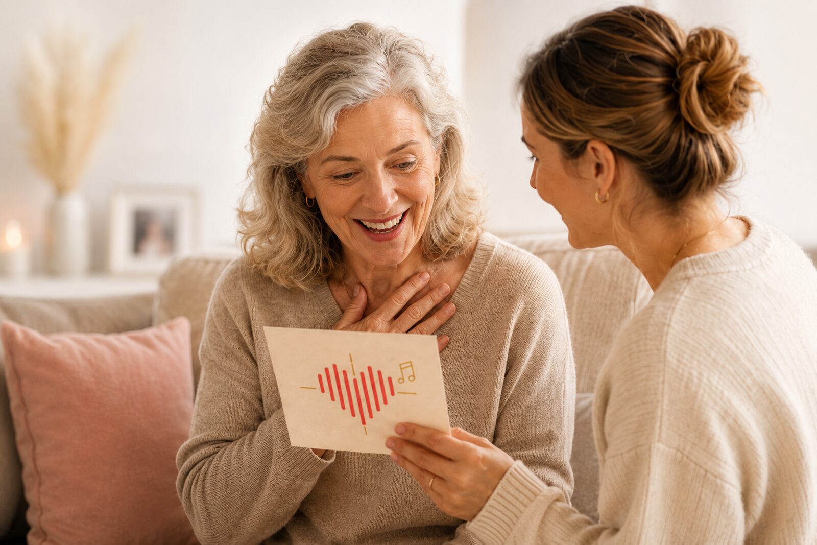 Oudere vrouw lacht ontroerd terwijl familie verjaardag viert